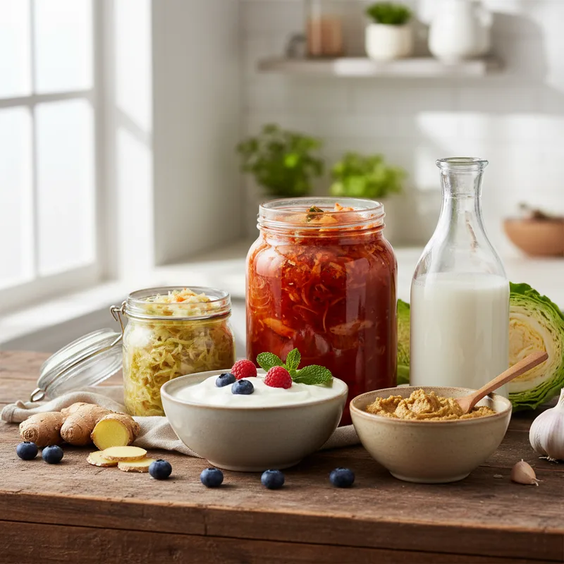 Bocaux de légumes lacto-fermentés colorés, choucroute, kimchi, carottes, alignés sur un plan de travail en bois