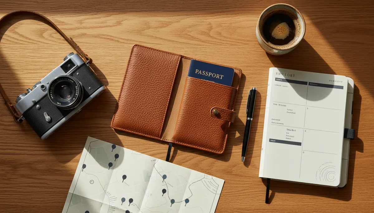 Voyageur consultant une carte dans un aéroport avec valise et passeport en main