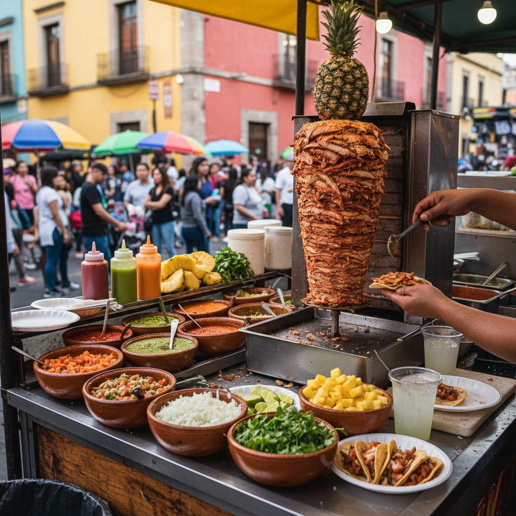 Stand de tacos al pastor éclairé la nuit dans une rue de Mexico avec la broche de viande et les garnitures fraîches