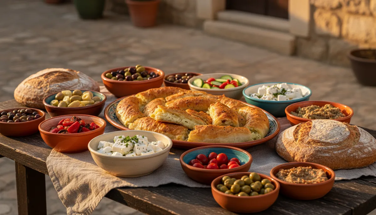Terrasse de restaurant avec vue sur une ville méditerranéenne, assiettes de mezze colorées sur la table