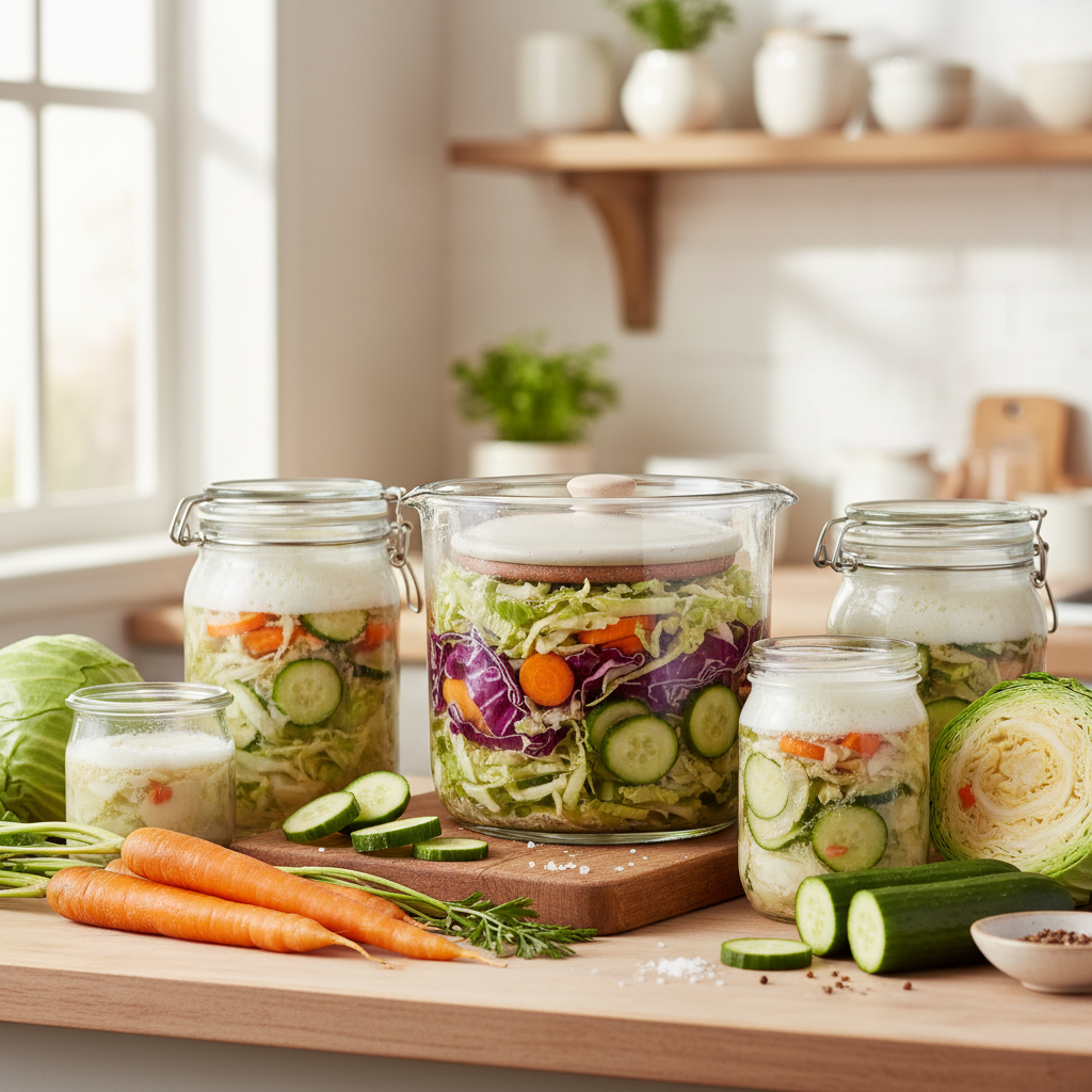 Bocaux en verre contenant différents aliments en cours de fermentation avec légumes colorés et bulles d'activité