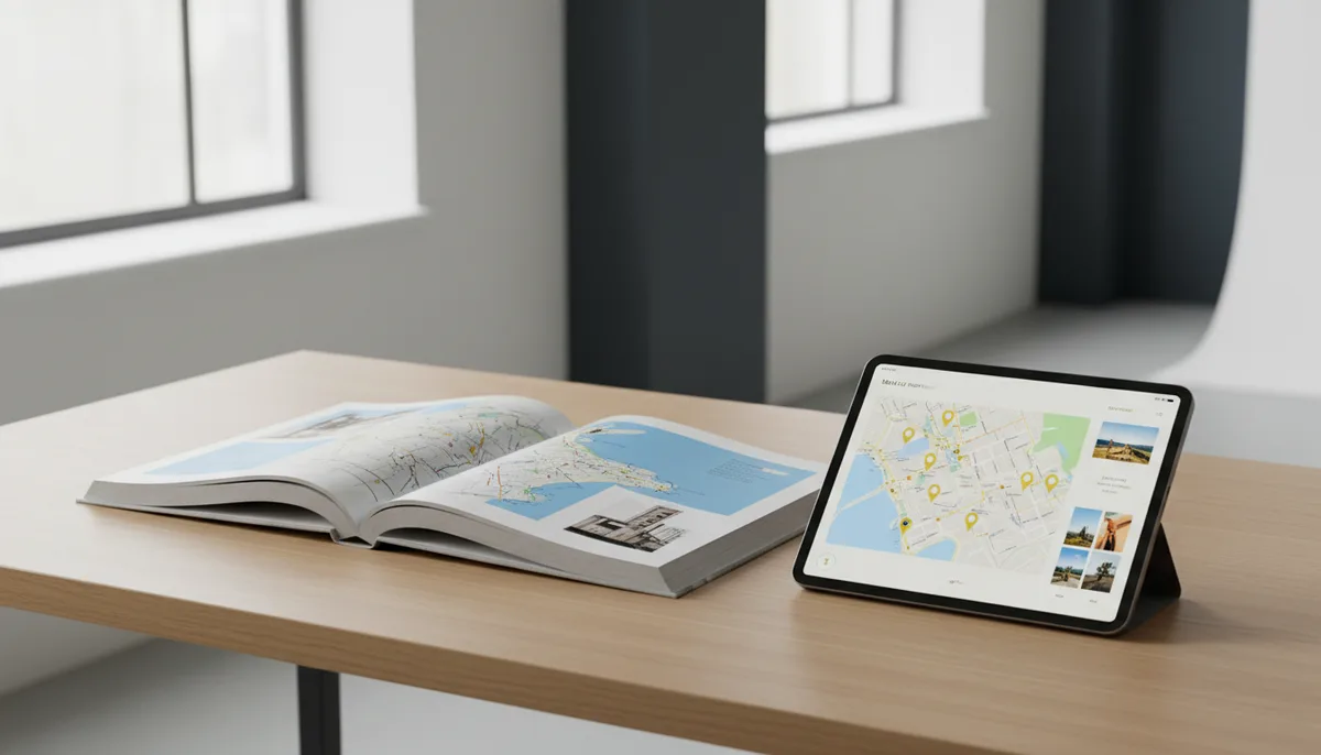 Exemple de guide touristique ouvert sur une carte avec des annotations de voyage