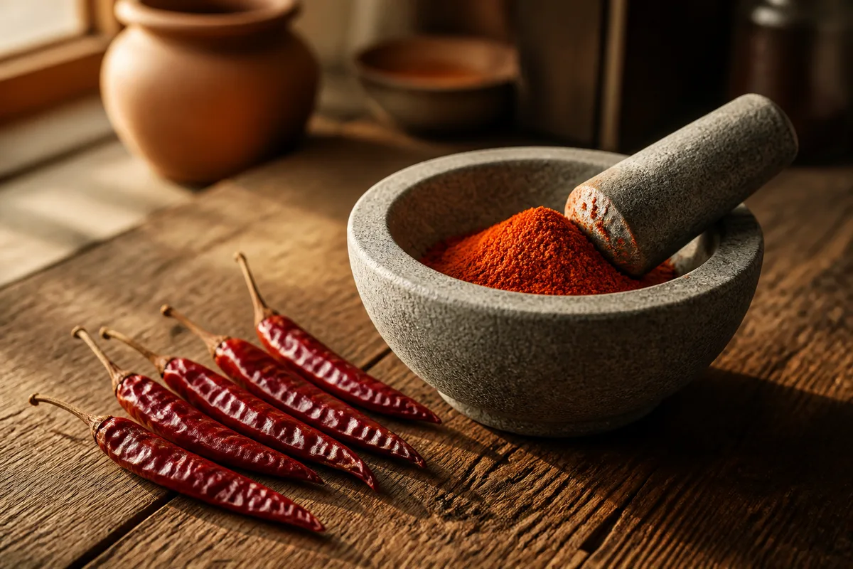 Piments de Cayenne séchés et poudre rouge dans un mortier en pierre sur un plan de travail en bois